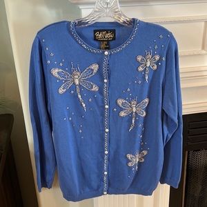 Bob Mackie Wearable Art dragonfly pearl button blue cardigan sweater